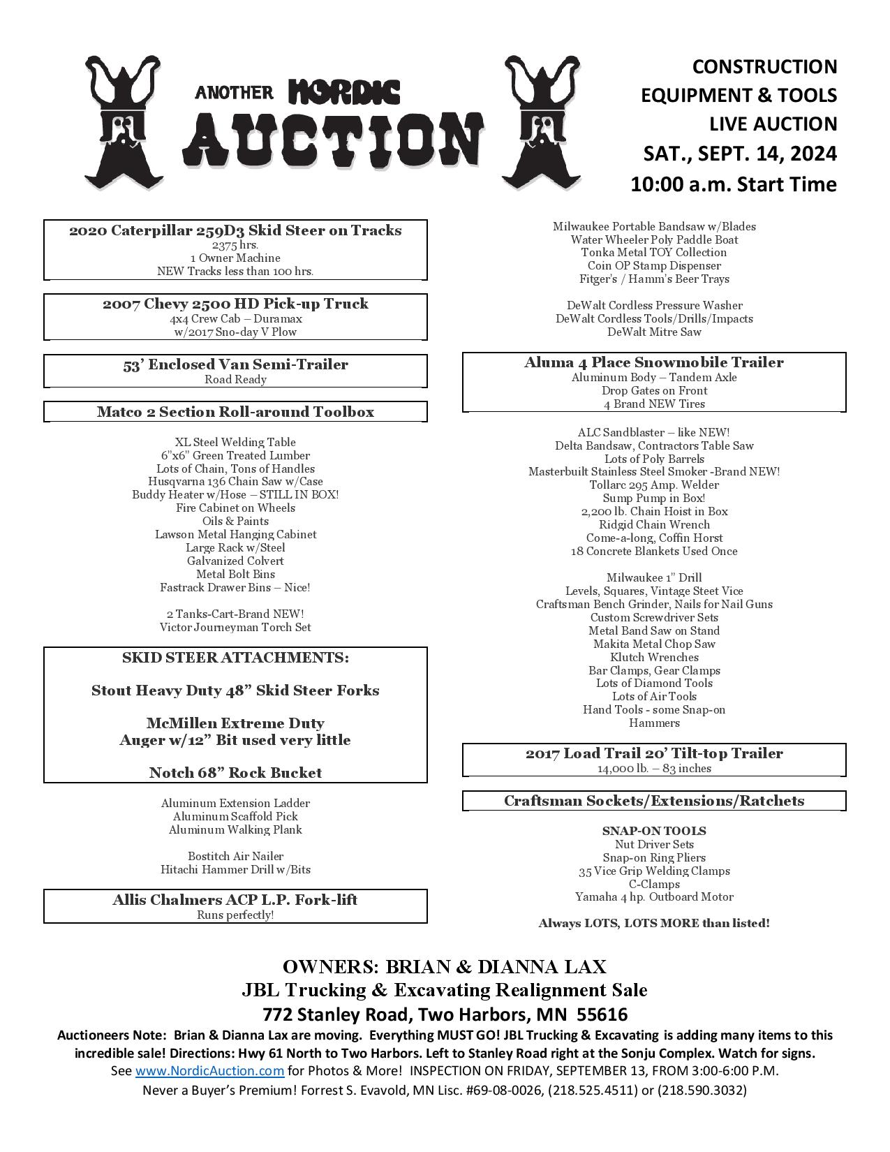 Nordic's CONSTRUCTION/TOOL Live Auction (Sept. 14) @Nordic @ Nordic Auction